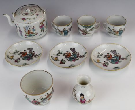 19thC Chinese famille rose mixed teaware comprising a teapot, three cups and saucers, sucrier and a small vase, most with sea