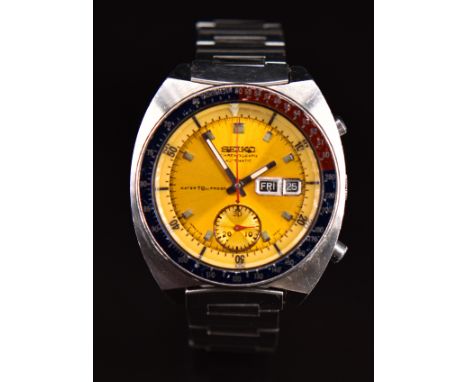 Seiko 'Pogue' gentleman's automatic chronograph wristwatch ref. 6139-6000 with yellow 'Proof' dial, blue and red 'Pepsi' beze