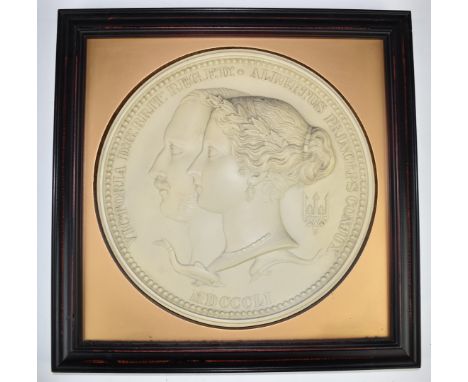 Royal Mint Victoria and Albert commemorative plaque in moulded resin, representing the Great Exhibition prize medal obverse, 