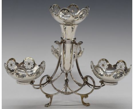 George V hallmarked silver epergne or sweetmeat centrepiece, the central vase surrounded by three dishes, London 1920, maker&