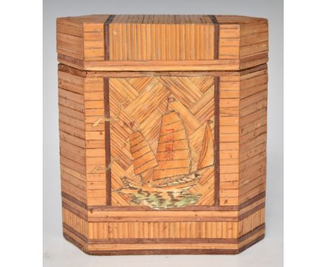 Chinese or similar Oriental hexagonal straw work tea caddy with sailing ship to front, height 14cm