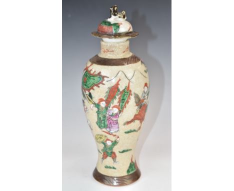 19thC/20thC&nbsp;Chinese crackle glazed covered vase decorated with battle scene and seal mark to base, height 29cm
