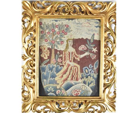 18th/19thC tapestry embroidery of a queen seated beneath an apple tree, 29 x 23cm