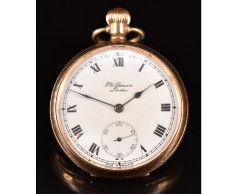 J W Benson of London 9ct gold open faced keyless winding pocket watch with black Roman numerals, inset subsidiary seconds dia