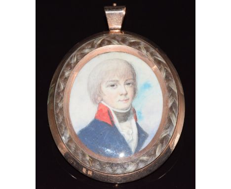 Georgian/ Victorian rose gold mourning pendant set with an ivory portrait miniature depicting a young gentleman, within a bor