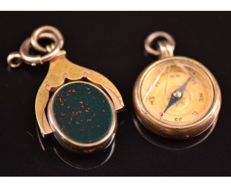 A 9ct gold compass fob, verso set with a bloodstone and a 9ct gold Victorian swivel fob set with blood stone and agate