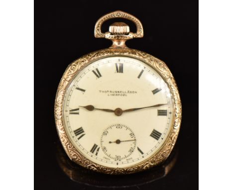 Thomas Russell &amp; Son gold plated keyless winding open faced pocket watch with inset subsidiary seconds dial, blued hands,