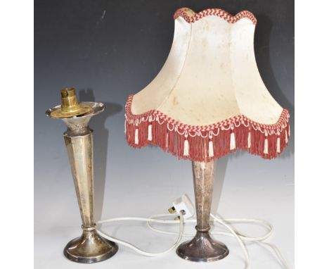 Pair of hallmarked silver trumpet vases, one having been converted to an electric table lamp, height of vases 25.5cm, marks r