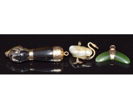 Victorian pendant/ charm in the form of a swan with a pearl set as the body, a nephrite jade pendant with 9ct gold mount and 