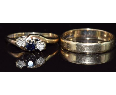 A&nbsp;9ct gold wedding band / ring and a 9ct gold ring set with a sapphire and diamonds, 3.4g, size L