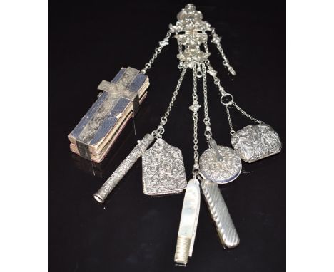 Victorian hallmarked silver chatelaine with embossed decoration to hanger, Birmingham 1890, maker's mark MR, hallmarked silve