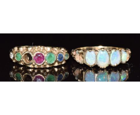 A 9ct gold ring set with a diamond, emerald, ruby, emerald, sapphire and tourmaline (would have spelt 'dearest' but missing o