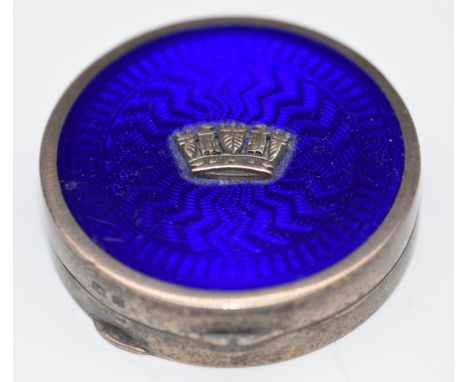 George V silver compact/ pot set with blue guilloché enamel Naval crown motif, Birmingham 1931, maker Gieves Ltd, diameter 4c