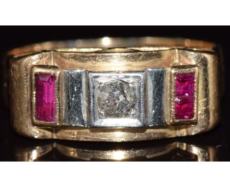 Art Deco 18k gold ring set with a diamond and rubies, 4.7g, size R