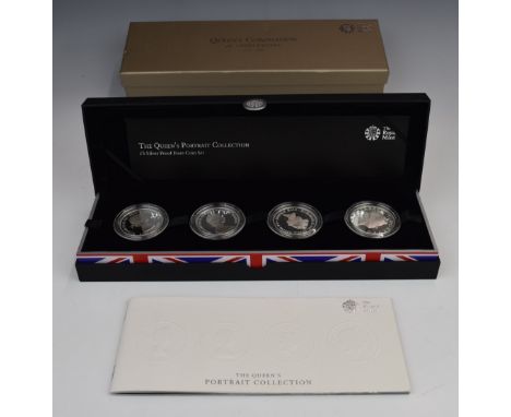 Royal Mint The Queen's Portrait collection £5 silver proof four-coin set, in fitted case with certificate and booklet 'The Qu