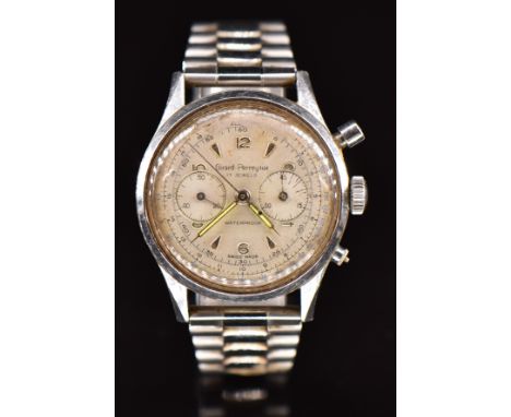 Girard Perregaux gentleman's chronograph wristwatch with luminous hands, silver Arabic numerals and hour markers, silver dial