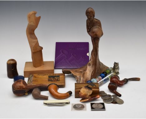 Collectibles to include cased Meerschaum figural pipe depicting an African boy, further pipes, Jerusalem/Holy Land olive wood