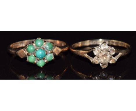 Two 9ct gold rings, one set with turquoise and one quartz, 2.8g, size K &amp; L