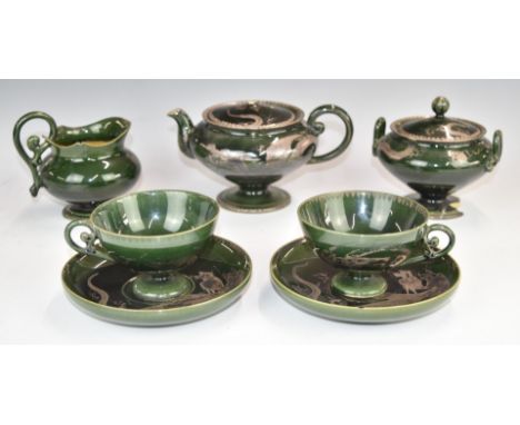 Japanese pottery part tea set with silver dragon decoration and impressed marks to base, tallest 10cm