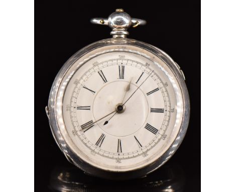 Unnamed silver open faced centre seconds chronograph pocket watch with silver hours and minutes hands, blued centre seconds h