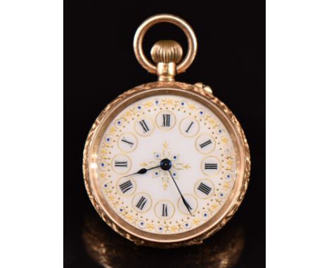 Unnamed 14ct gold ladies keyless winding open faced pocket watch with blued hands, black Roman numerals, gilt decorated white