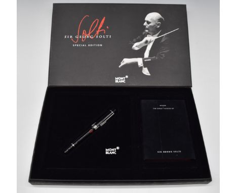 Montblanc Donation Series Sir Georg Solti Special Edition fountain pen with black resin body, chrome plated fittings, red fac