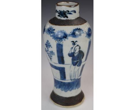 19thC / 20thC Chinese blue and white vase with figural decoration and seal mark to base, height 27cm