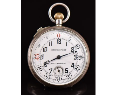 Chronosport silver keyless winding open faced chronograph pocket watch with inset subsidiary seconds dial, blued hands, black