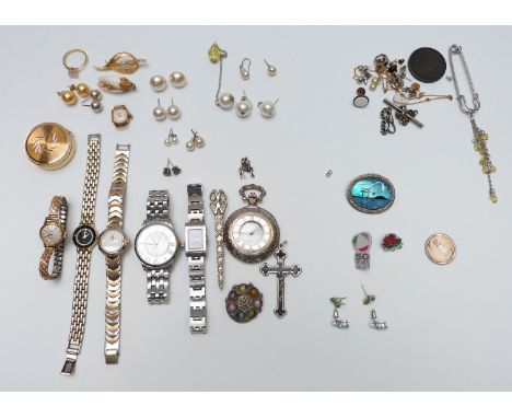 A collection of watches including Rotary and costume jewellery including 9ct gold earring backs (0.5g), etc 