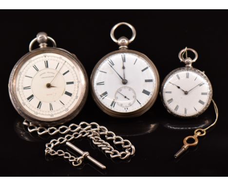 Three silver open faced pocket watches comprising E Wise of Manchester centre seconds chronograph on silver chain, Burman of 
