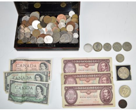A quantity of UK coinage with some mid century overseas examples, a George III Irish halfpenny etc and some banknotes, includ