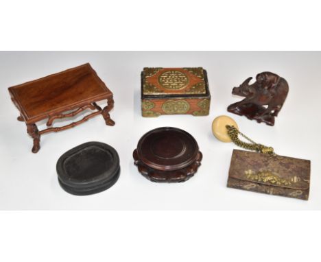 19th/20thC Chinese hardwood stands, brass mounted box with HW and Co to base and a Japanese embroidery bag with brass mounts 