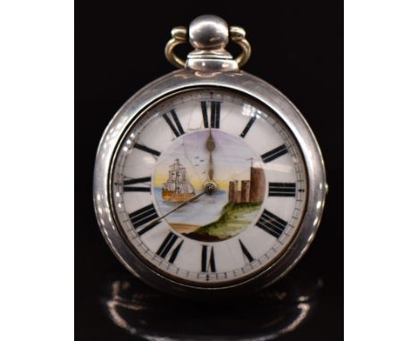 Edward Wilkins of Newport Isle of Wight hallmarked silver pair cased open faced pocket watch with painted scene of a sailing 