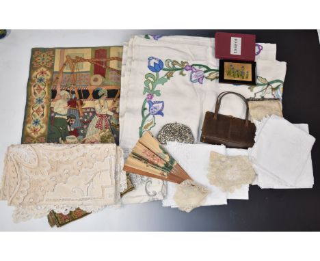 Vintage leather case containing a tapestry, Persian rug, vintage bags, linen and lace, Japanese lacquer photograph frame etc