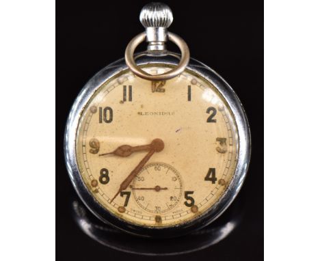Leonidas keyless winding open faced military pocket watch with inset subsidiary seconds dial, cathedral hands, Arabic numeral