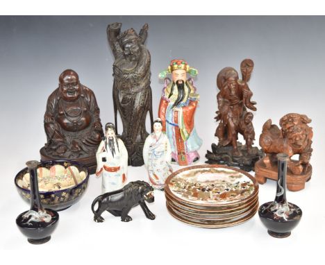 Chinese and Japanese ceramics and carvings including wire inlaid figure, Satsuma plates, Chinese figure with seal mark to bas
