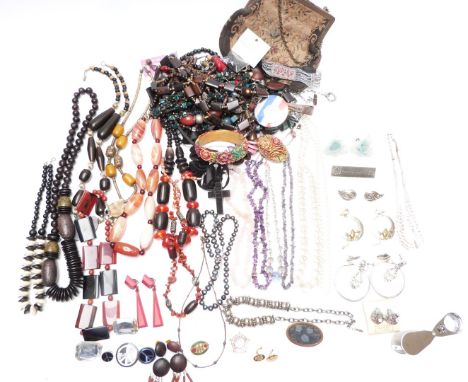 A collection of jewellery including agate, amethyst and pearl necklaces, crystal beads, jet cross, pendant etc