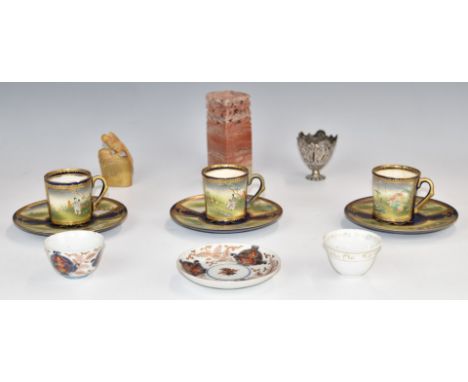 Three Japanese Meiji period Satsuma ware coffee cups and saucers with four character mark to base, one item with Kinkozan lab