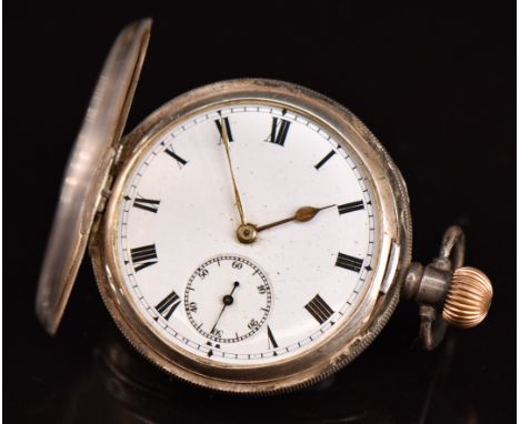 Moeris hallmarked silver keyless winding half hunter pocket watch with inset subsidiary seconds dial, gold hands, black Roman