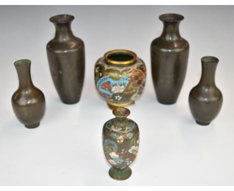 Two pairs of Japanese bronze vases, one pair with character mark to base, and two cloisonné vases, tallest 15cm