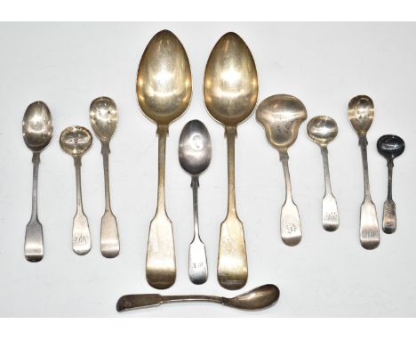 Georgian and later hallmarked silver fiddle pattern cutlery comprising two table spoons, length 21.5cm, two teaspoons, sauce 