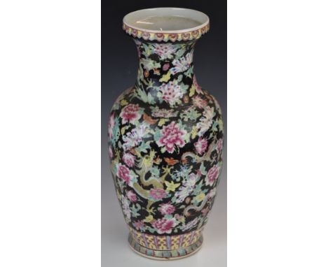 Chinese famille noir pedestal vase decorated with dragons amongst flowers, with seal mark to base, H46cm