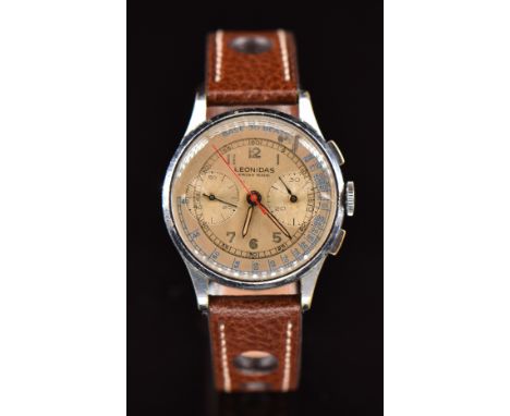 Leonidas (pre Heuer) gentleman's chronograph wristwatch with luminous hands, Arabic numerals, silver dial, red centre seconds