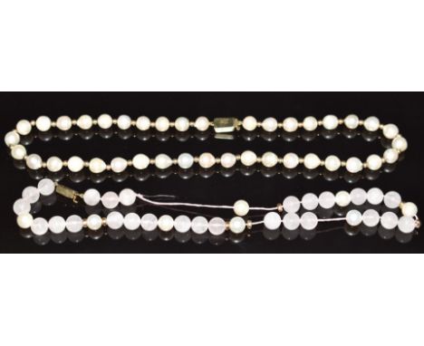 A rose quartz, pearl and gold beaded necklace with 9ct gold clasp and a pearl and silver gilt necklace