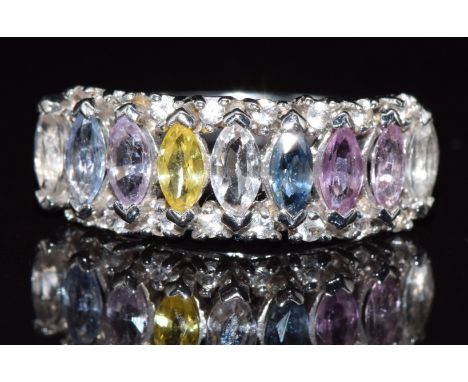 A 9ct white gold ring set with marquise cut pink, yellow, blue and white sapphires, 4.2g, size N