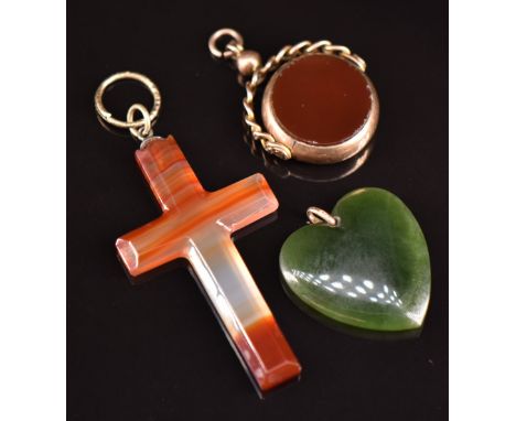 Edwardian 9ct gold swivel fob set with blood stone and carnelian agate (Birmingham 1902), Victorian agate cross with engraved