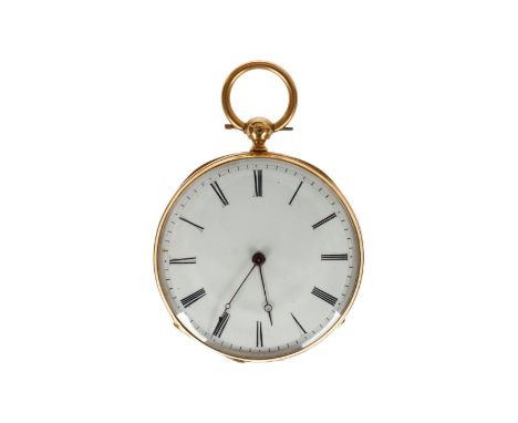 Gold-Schlüsseltaschenuhr, wohl 14 K Gold, Staubschutzdeckel Metall, ”Cylindre”, intakt, Emaillezifferblatt, römische Zahlen, 