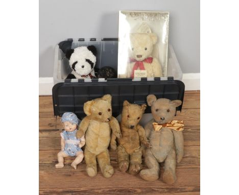A box of vintage and antique toys and teddy bears, including a boxed Merrythought "The Attic Teddy Bear" (limited edition 474