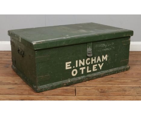 A green painted tool chest, with hinged lid. Painted to the front for E. Incham, Otley. Height: 31cm, Width: 79cm, Depth: 50c