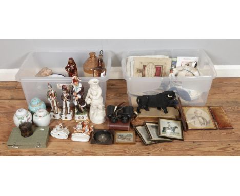 Two boxes of vintage miscellaneous, including Carl Zeiss Jena binoculars, a quantity of photographs and old prints, glass bot